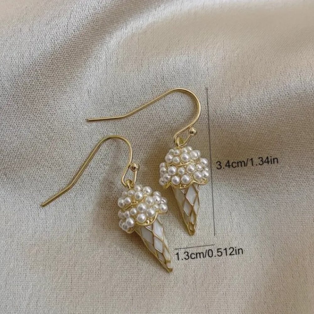 14k Gold Plated 925 Sterling Silver Faux Pearl Ice Cream Cone Drop Earrings - Picture 3 of 3